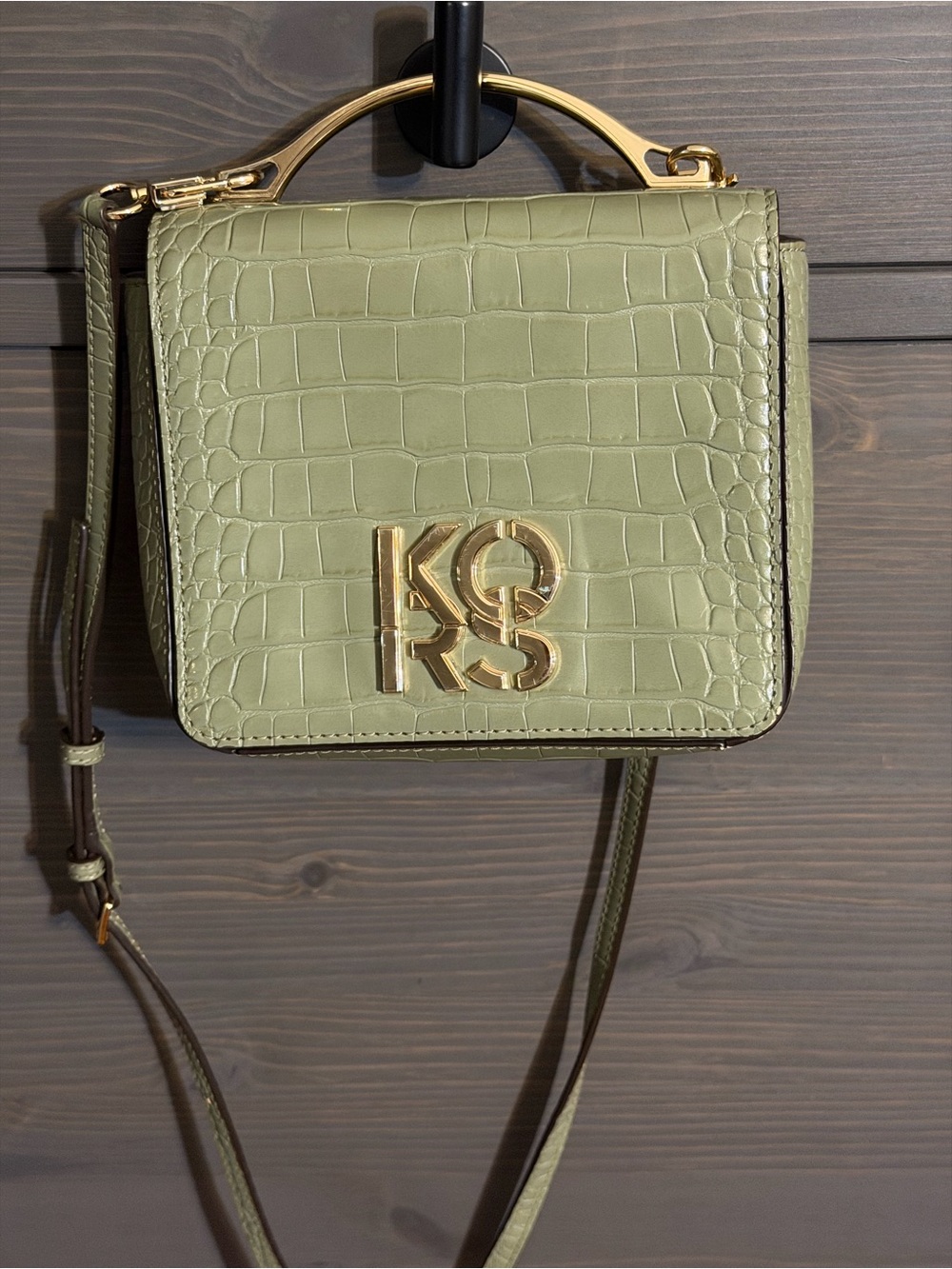 Michael Kors Olive Green Croc-Embossed Mini Crossbody with Gold Hardware